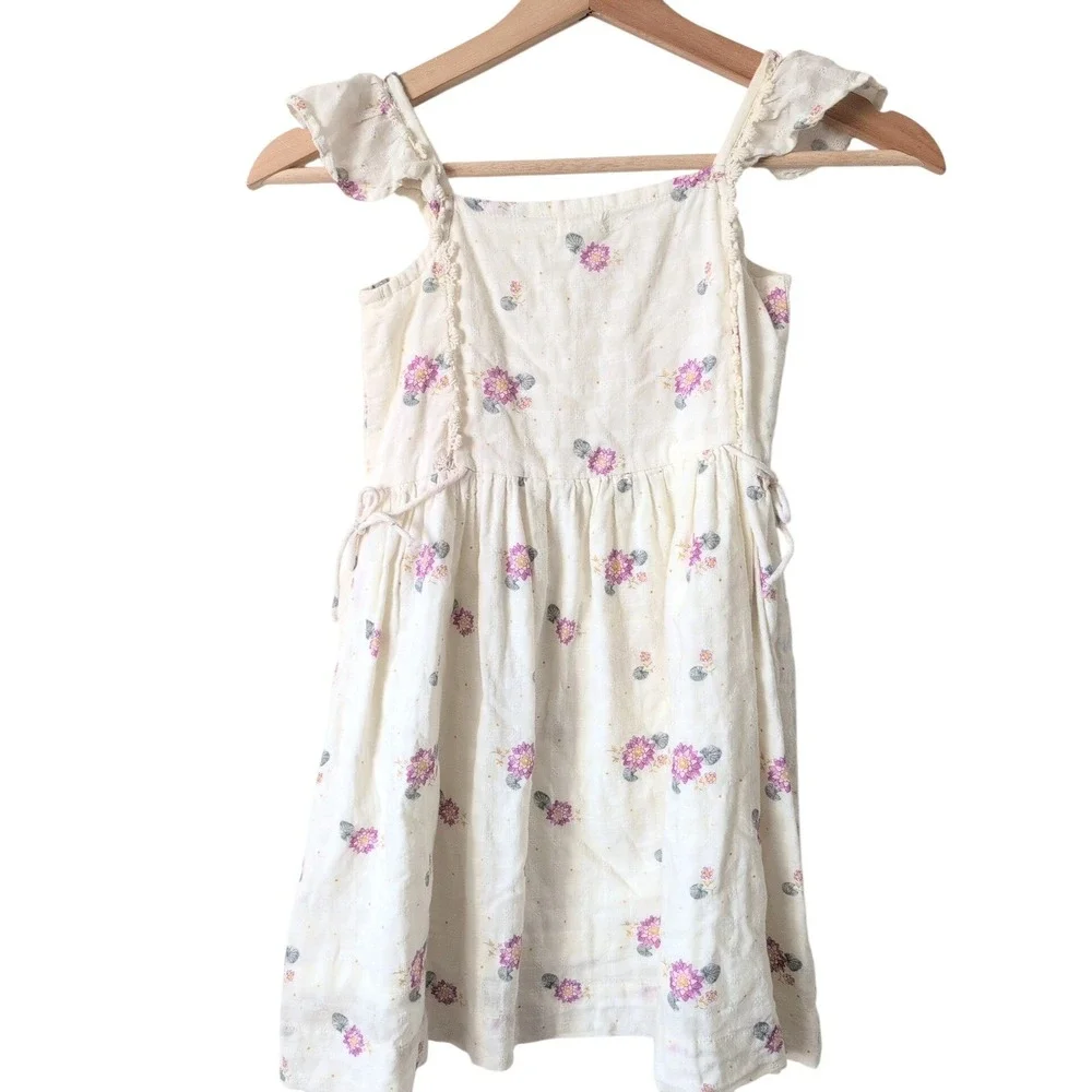 LALI Kids Dress Floral Cotton Button Front Ruffle Sleeve White Purple Girls 5 5Y